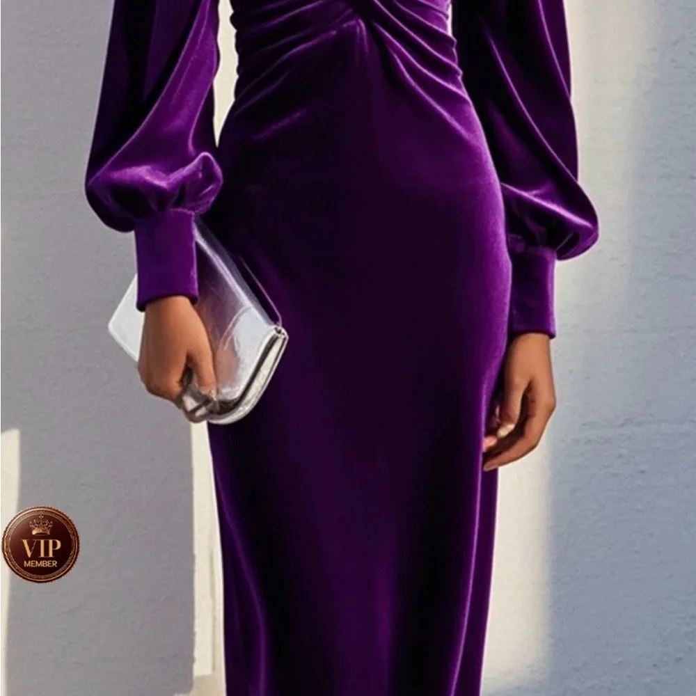 Purple Cross Ruched Velvet Neck Long Sleeve Puff Sheath Midi Dress - Picture 7 of 7